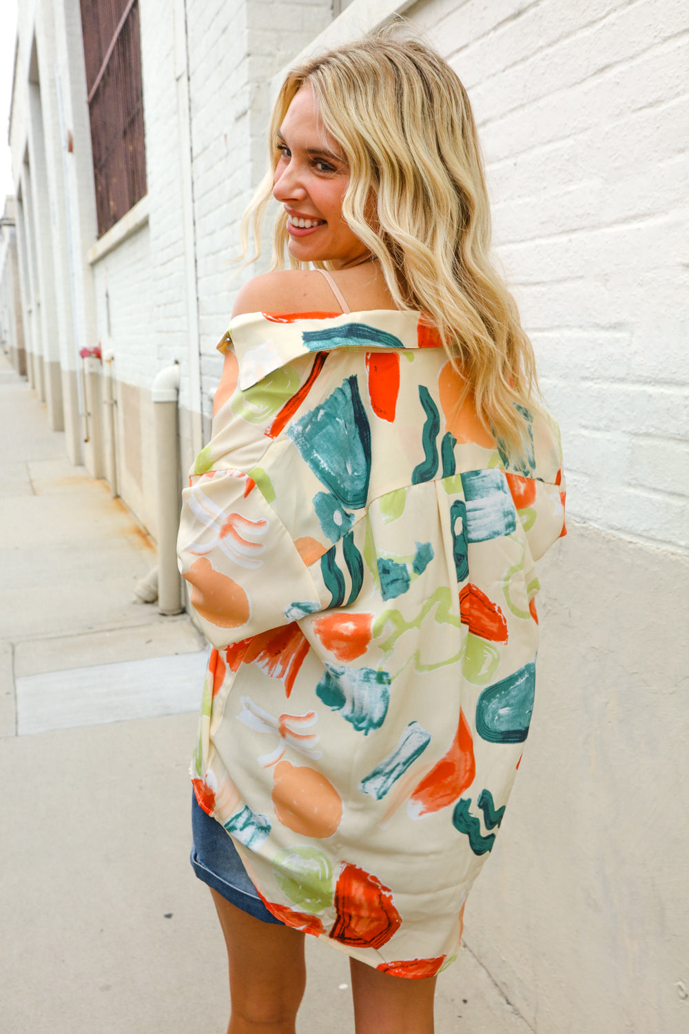 Be Bold Ivory Multicolor Abstract Print Button Down Shirt Top