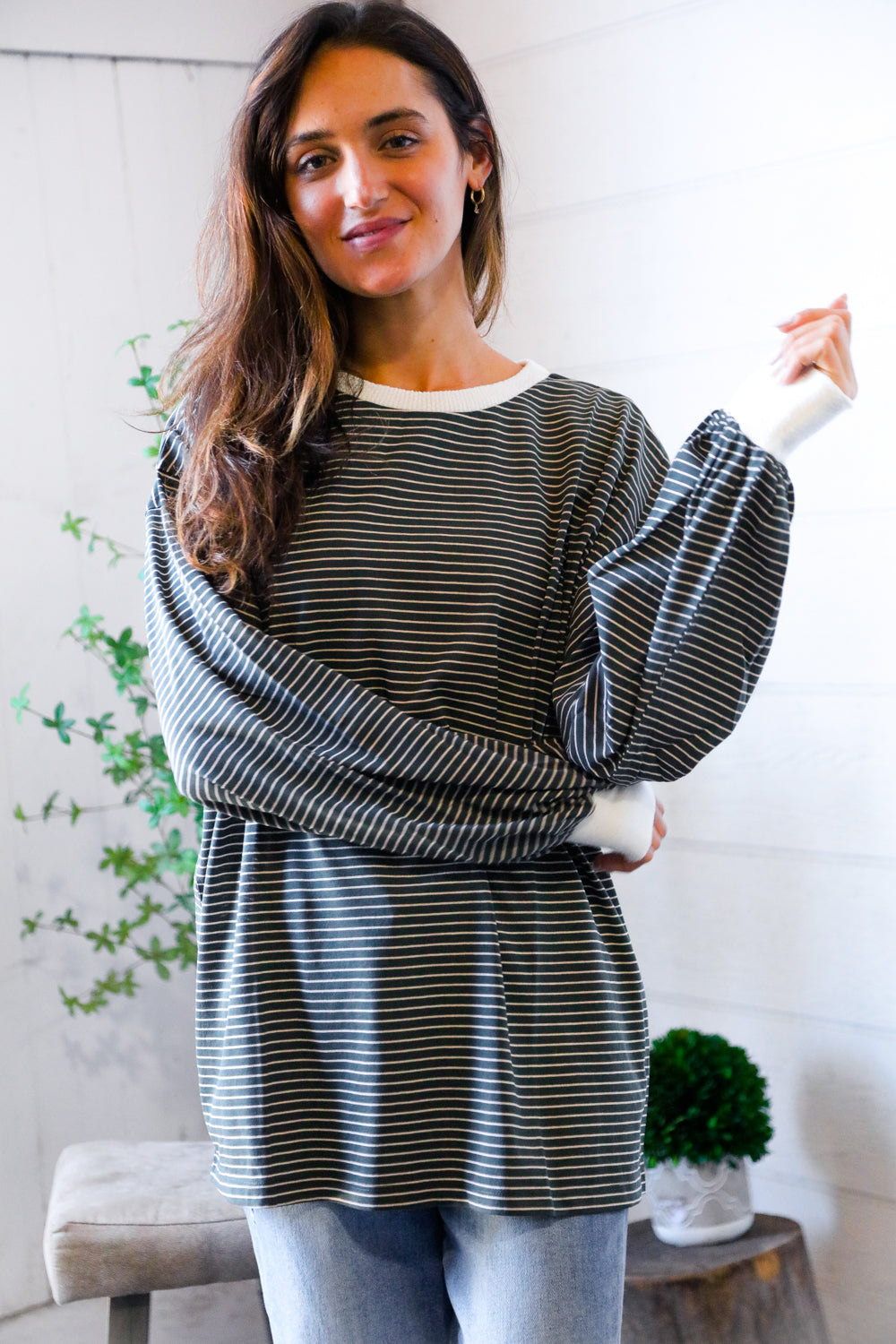 Greener Days Stripe Pullover with Ivory Cuffs