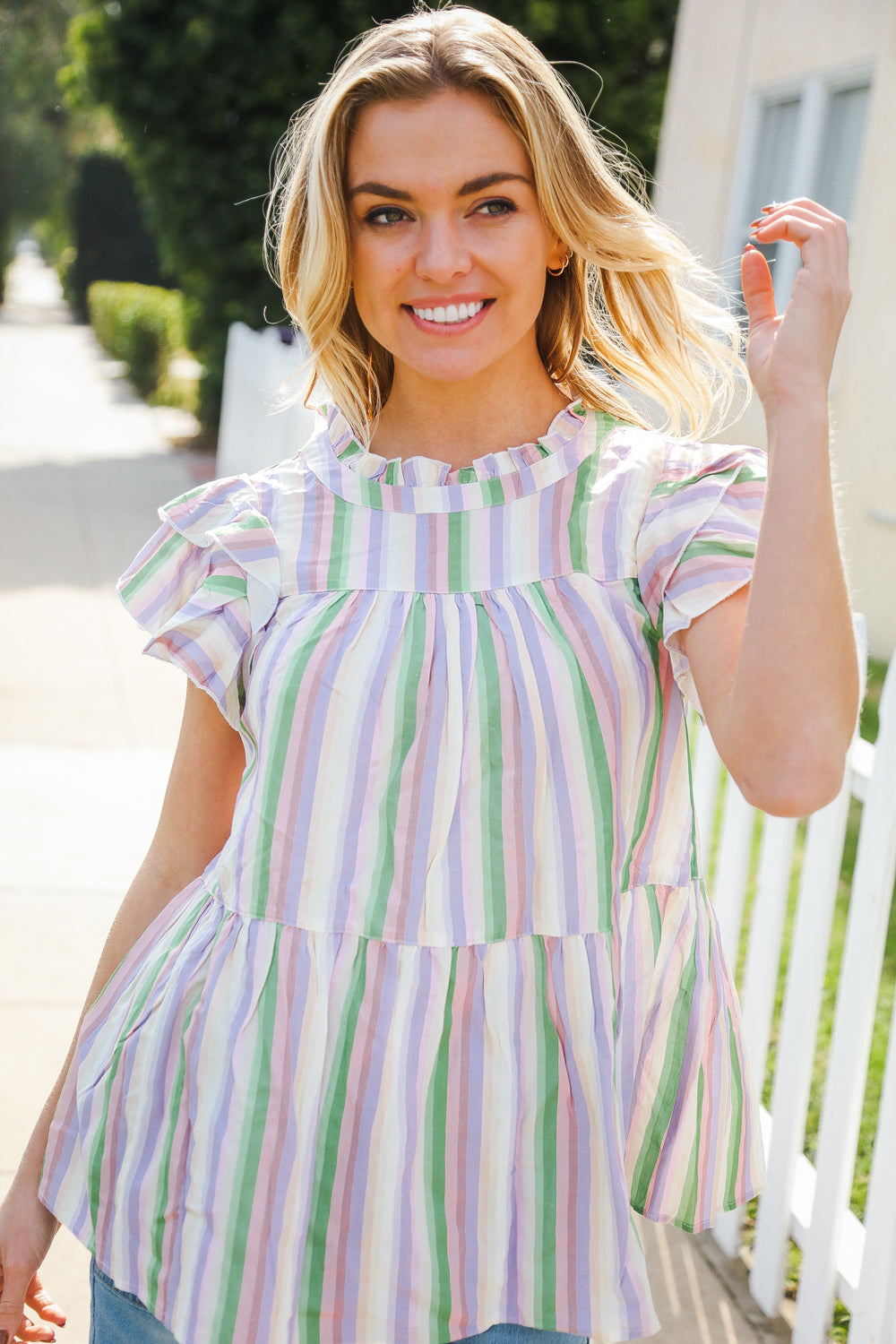 Easy To Love Lavender Stripe Double Ruffle Sleeve Frill Tiered Top