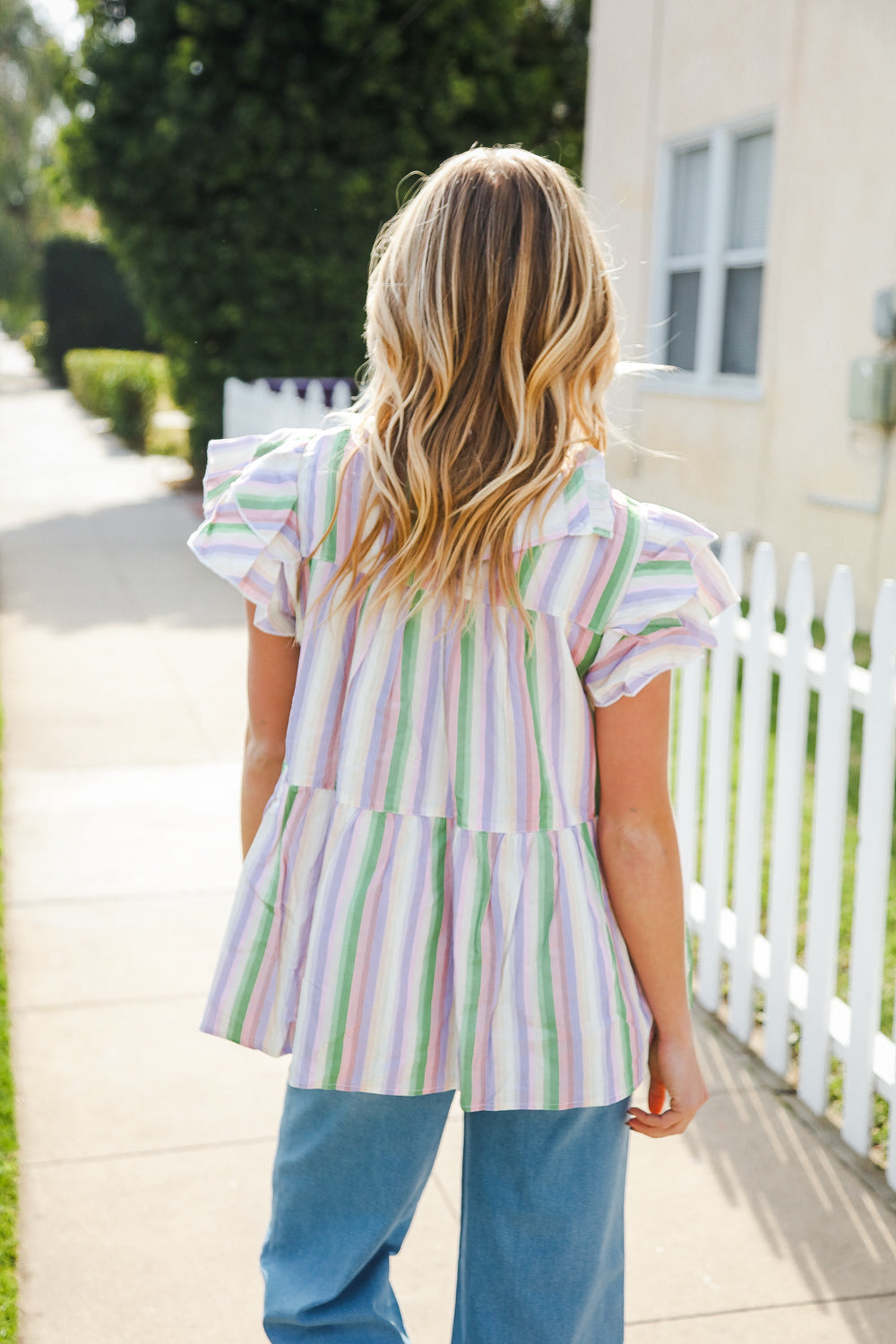Easy To Love Lavender Stripe Double Ruffle Sleeve Frill Tiered Top