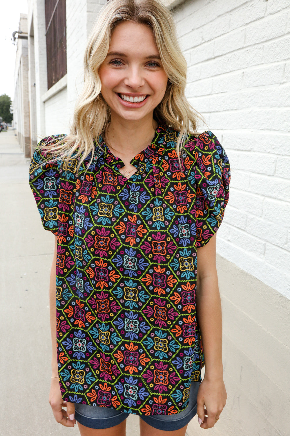 Put Together Maroon Abstract Print Notch Frill Neck Blouse