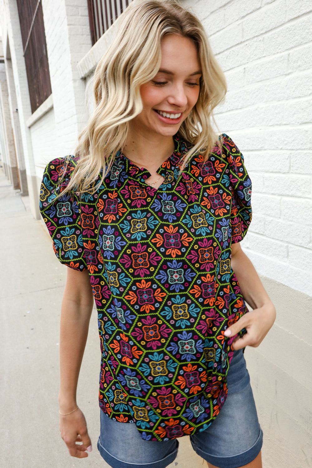 Put Together Maroon Abstract Print Notch Frill Neck Blouse