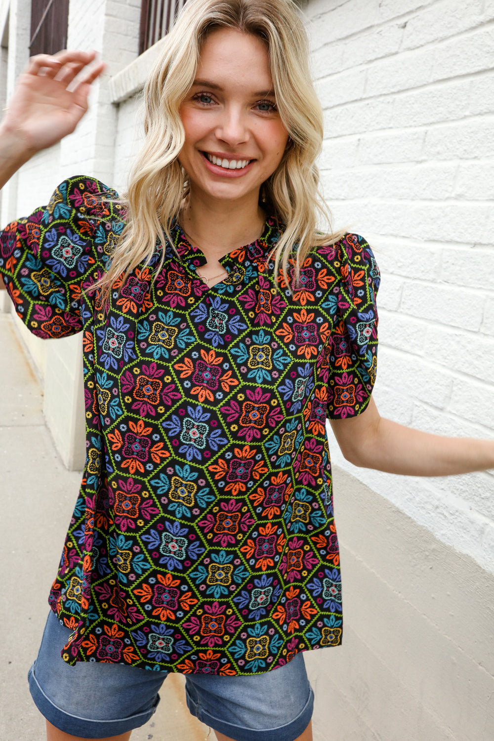 Put Together Maroon Abstract Print Notch Frill Neck Blouse