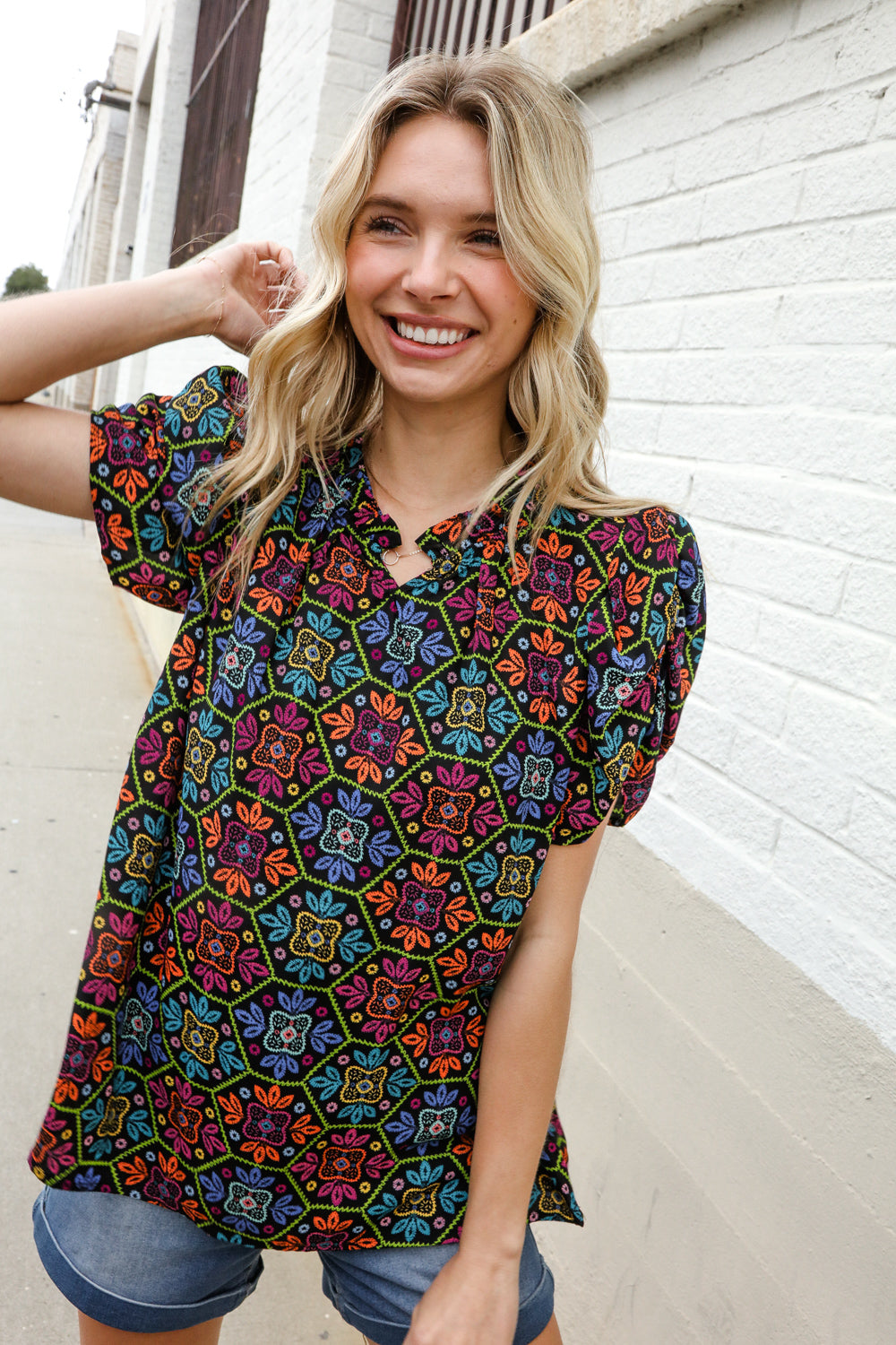 Put Together Maroon Abstract Print Notch Frill Neck Blouse
