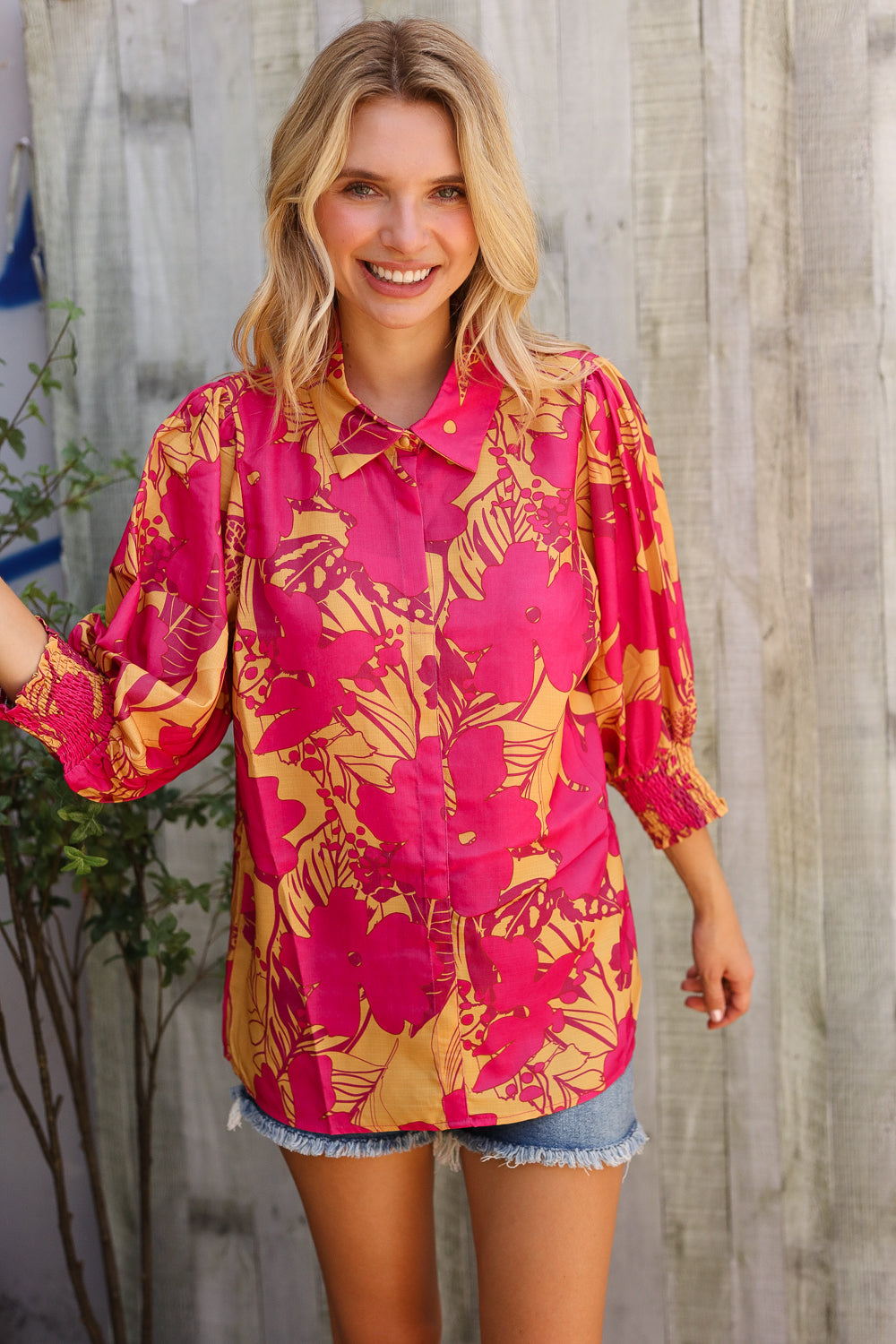 Elegant In Fuchsia Satin Button-Down Smock Long Sleeve Blouse