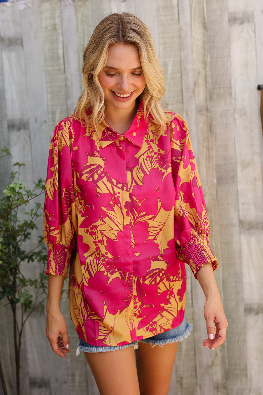 Elegant In Fuchsia Satin Button-Down Smock Long Sleeve Blouse