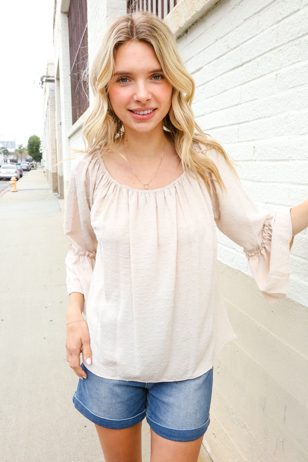 Boho Beautiful Beige Elastic Neck 3/4 Ruffle Sleeve Peasant Top
