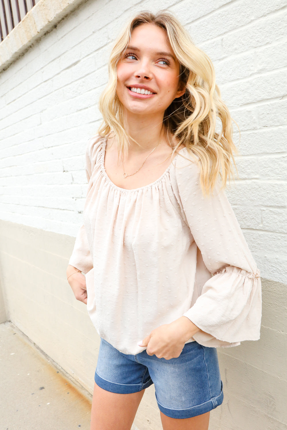 Boho Beautiful Beige Elastic Neck 3/4 Ruffle Sleeve Peasant Top