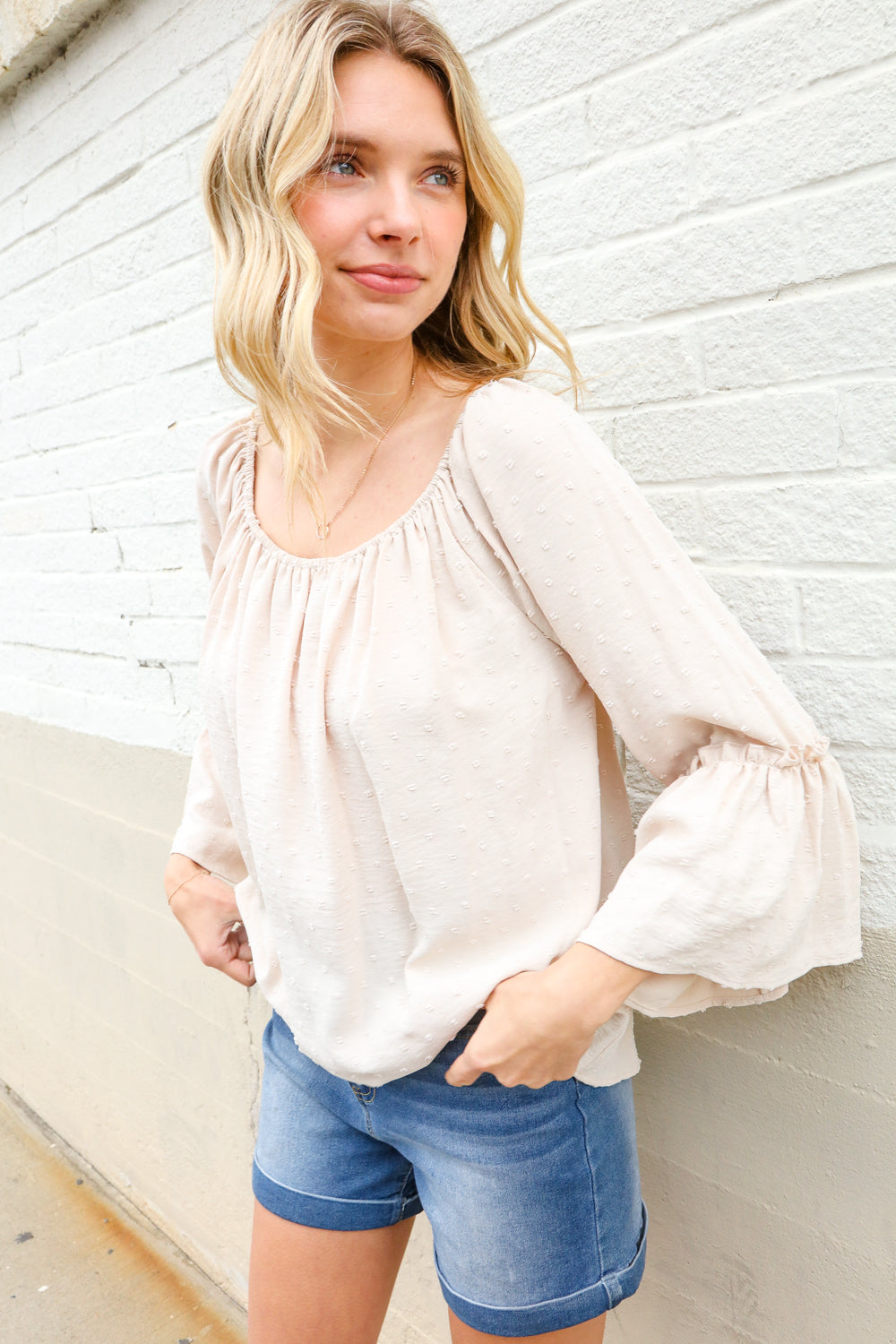 Boho Beautiful Beige Elastic Neck 3/4 Ruffle Sleeve Peasant Top