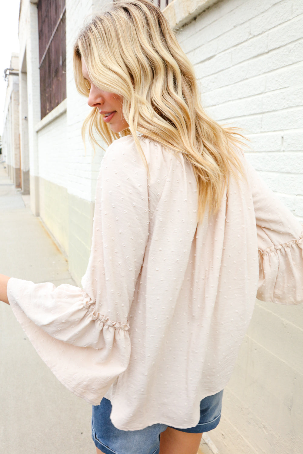 Boho Beautiful Beige Elastic Neck 3/4 Ruffle Sleeve Peasant Top