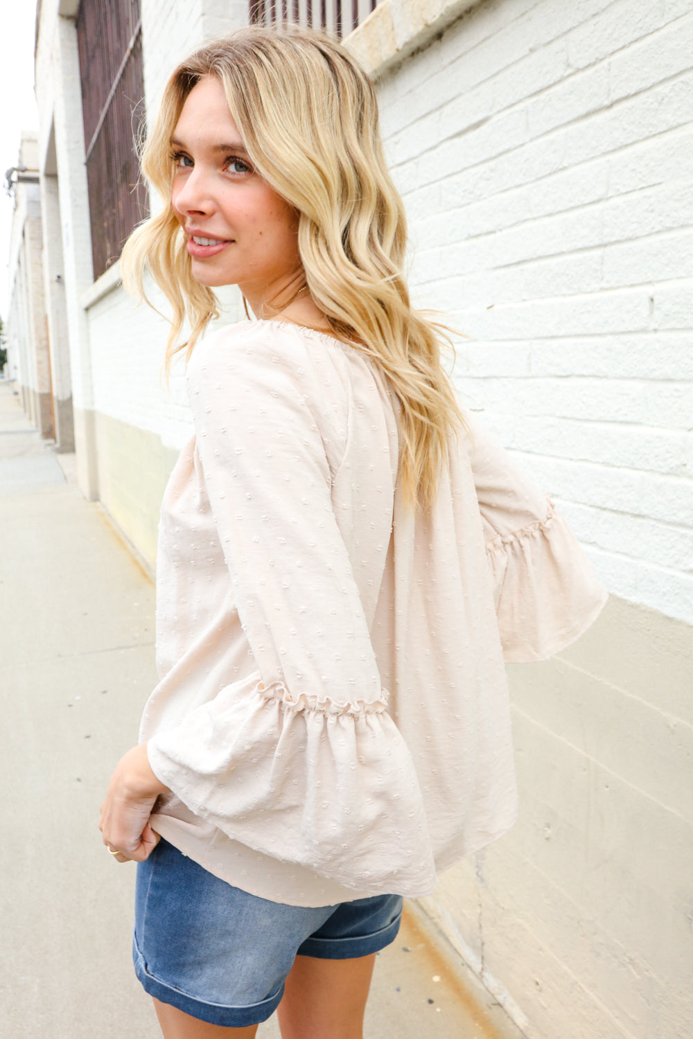 Boho Beautiful Beige Elastic Neck 3/4 Ruffle Sleeve Peasant Top