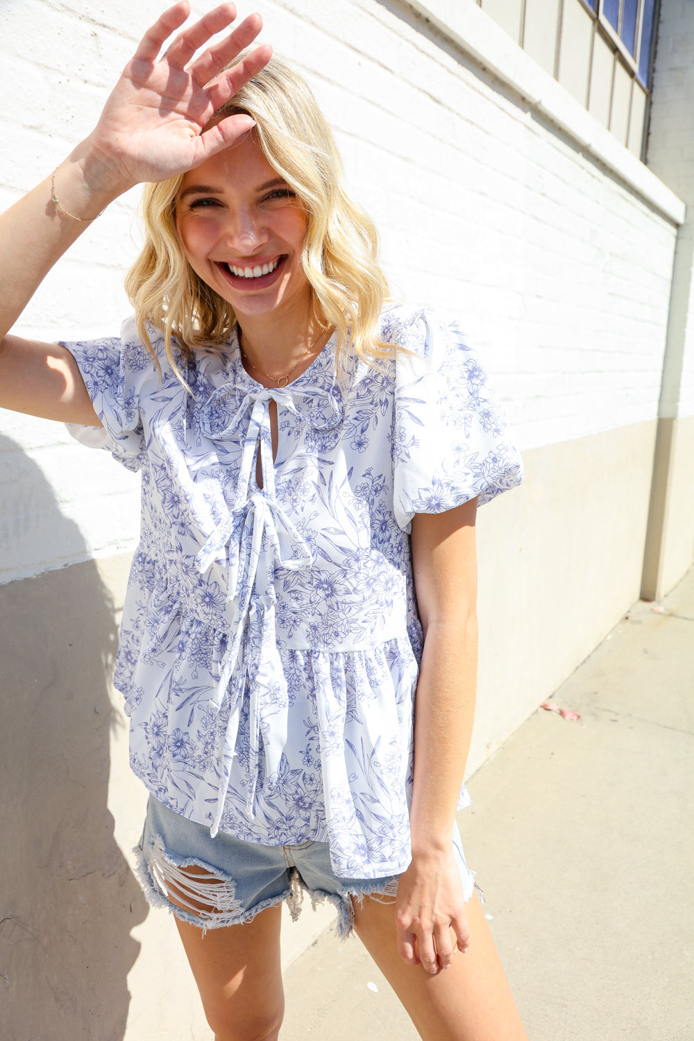 Follow Me Ivory Vintage Floral Bow Tie Folded Puff Sleeve Babydoll Top