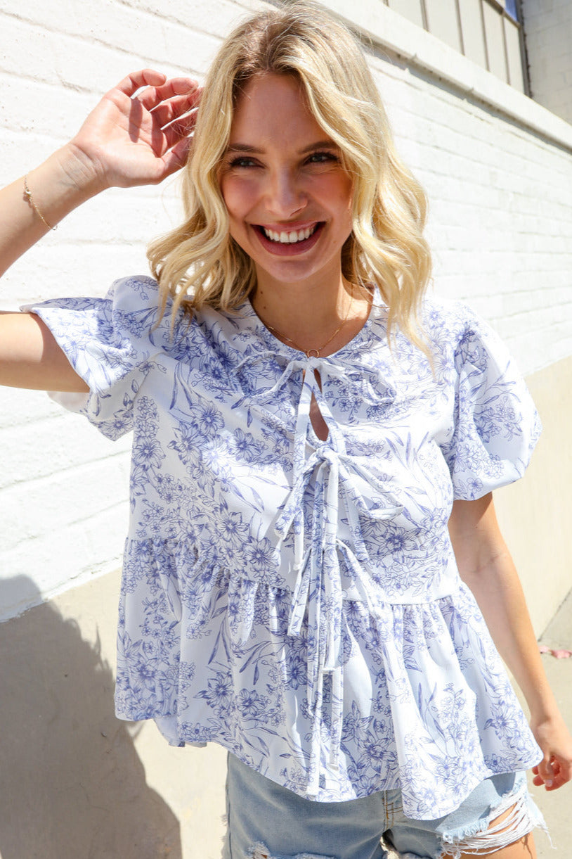 Follow Me Ivory Vintage Floral Bow Tie Folded Puff Sleeve Babydoll Top