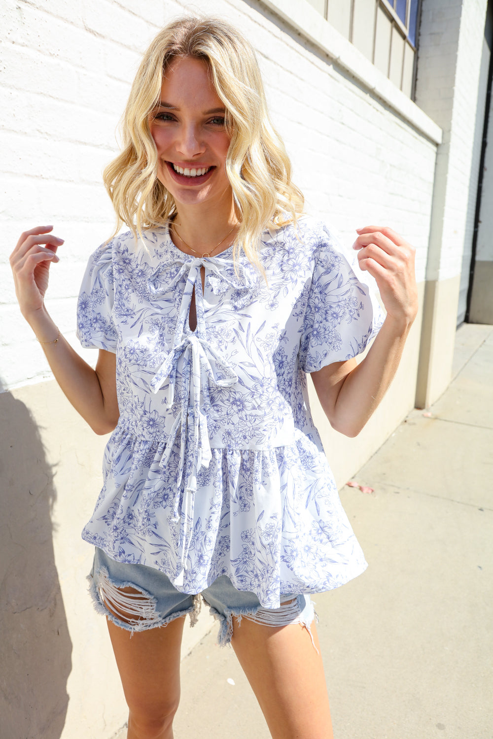 Follow Me Ivory Vintage Floral Bow Tie Folded Puff Sleeve Babydoll Top