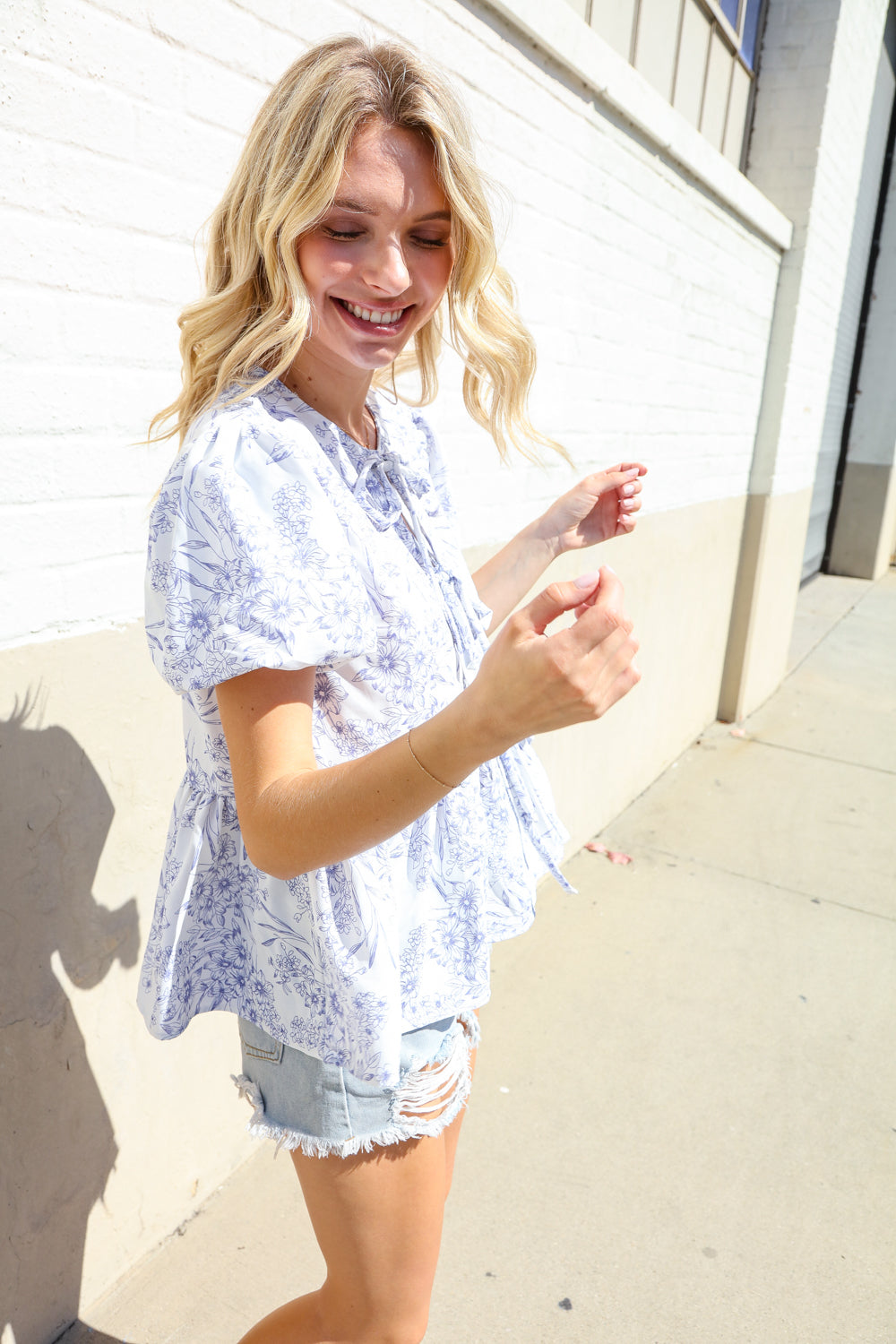 Follow Me Ivory Vintage Floral Bow Tie Folded Puff Sleeve Babydoll Top