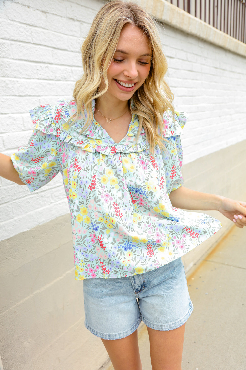 Spring Vibes Mint Notch Neck Ruffle & Puff Sleeve Top