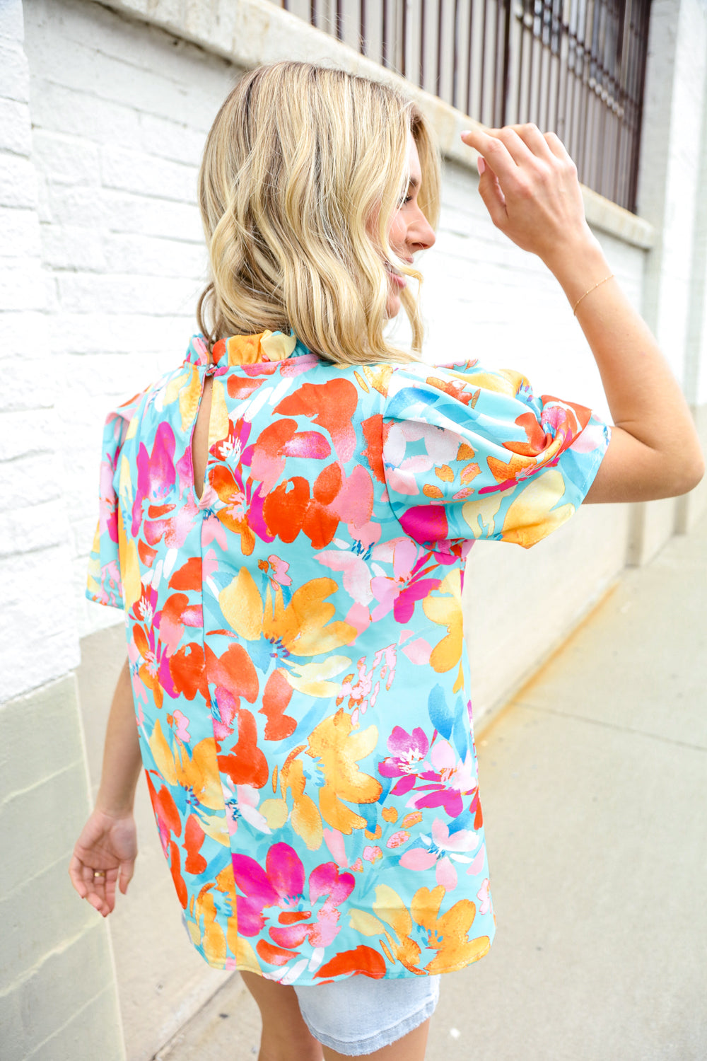 Perfectly You Mint Big Floral Frill Neck Back Button Blouse