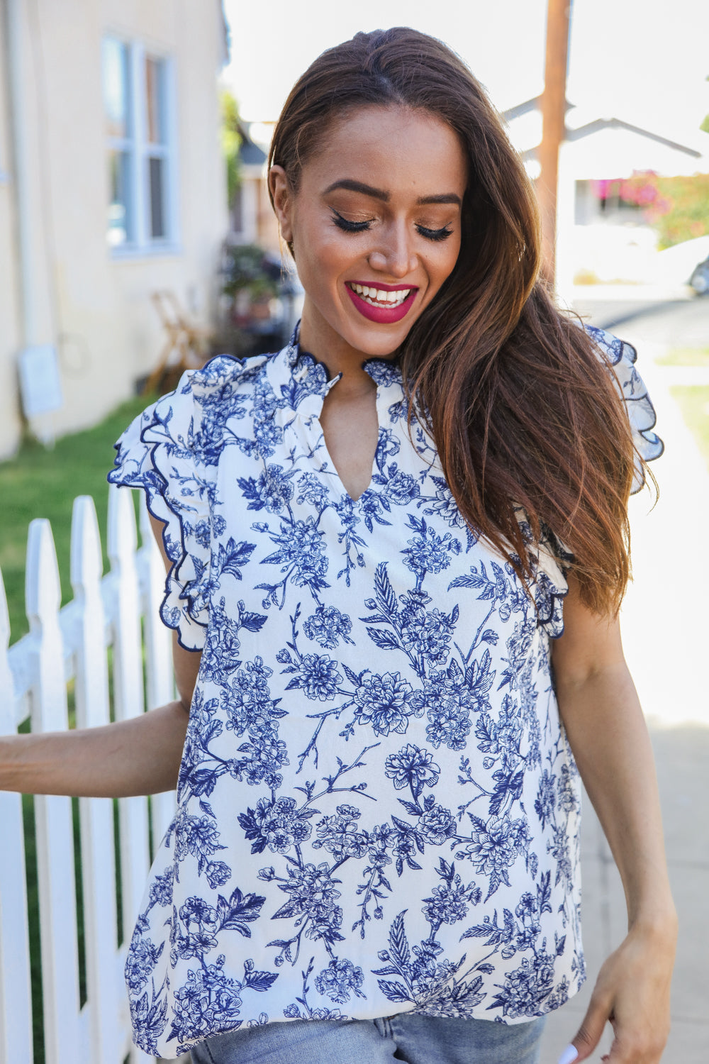 Vintage Vibes Navy/Ivory Embroidered Ruffle Sleeve Notch Neck Top