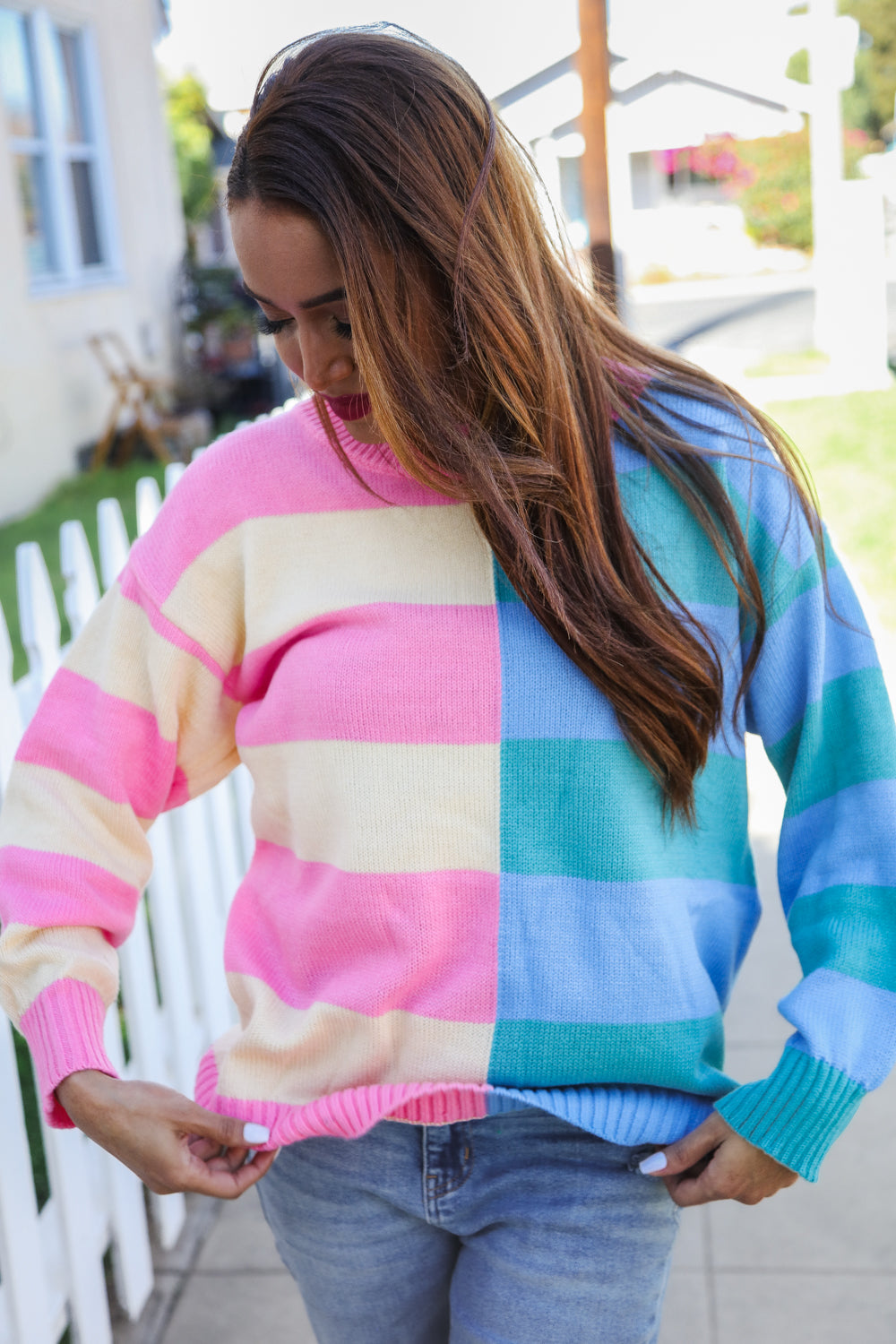 Catch Glances Blush & Blue Stripe Color Block Knit Sweater