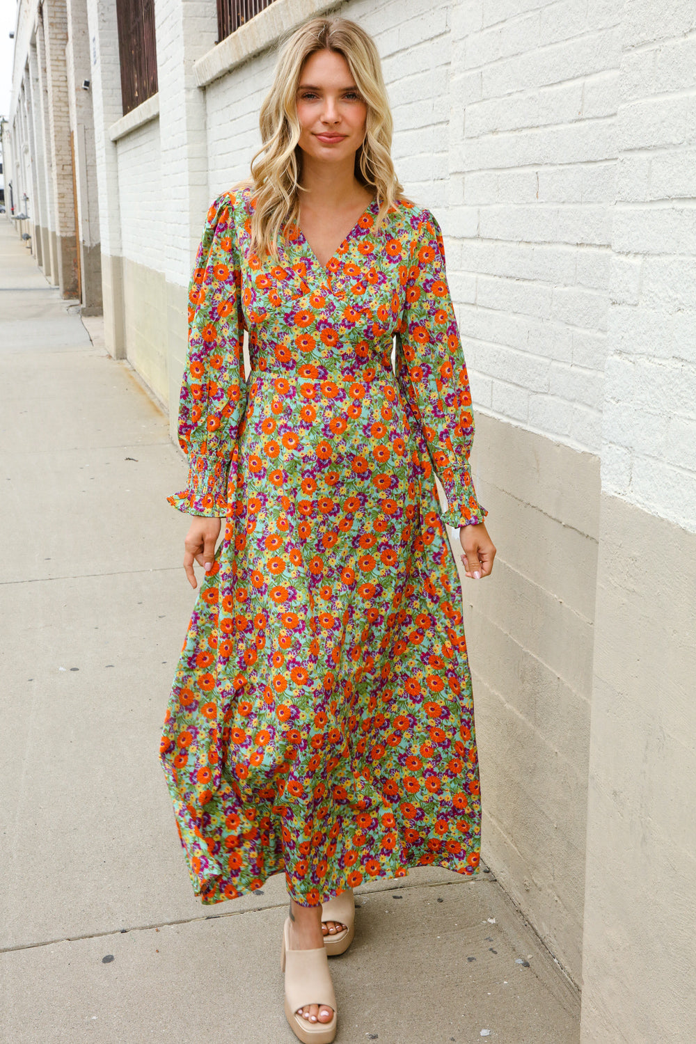 Dazzle in Silky Sage & Coral Floral V Neck Smock Ruffle Sleeve Maxi