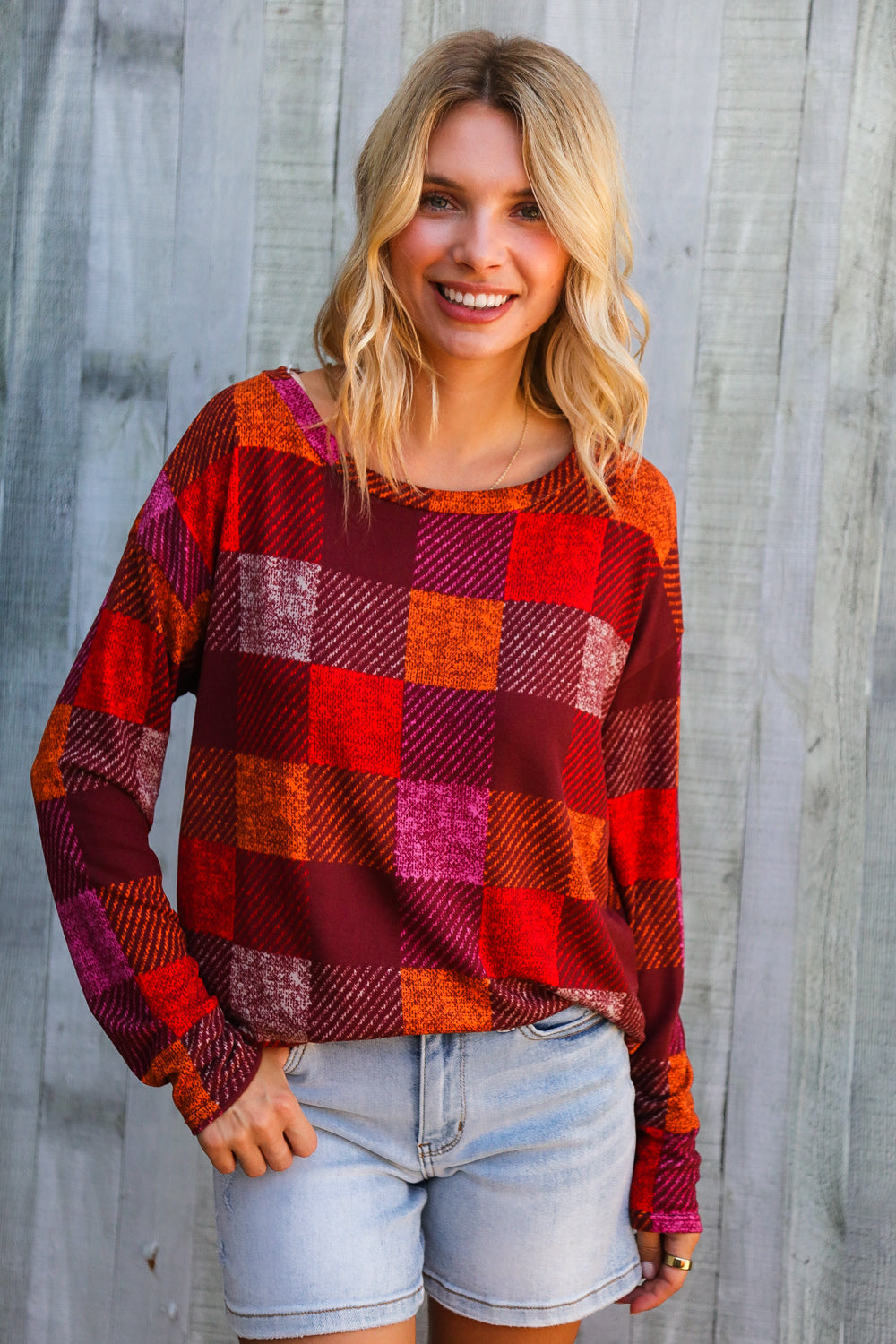 Autumn Embers Checker Plaid Long Sleeve Top