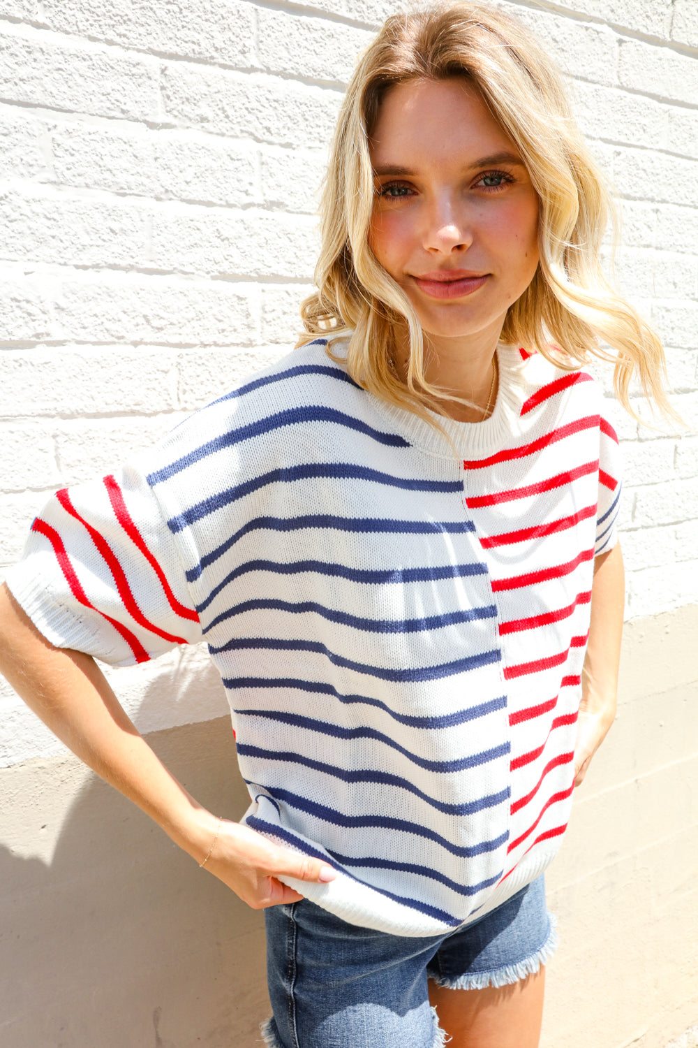 Patriotic Red & Blue Stripe Drop Shoulder Oversize Sweater Top