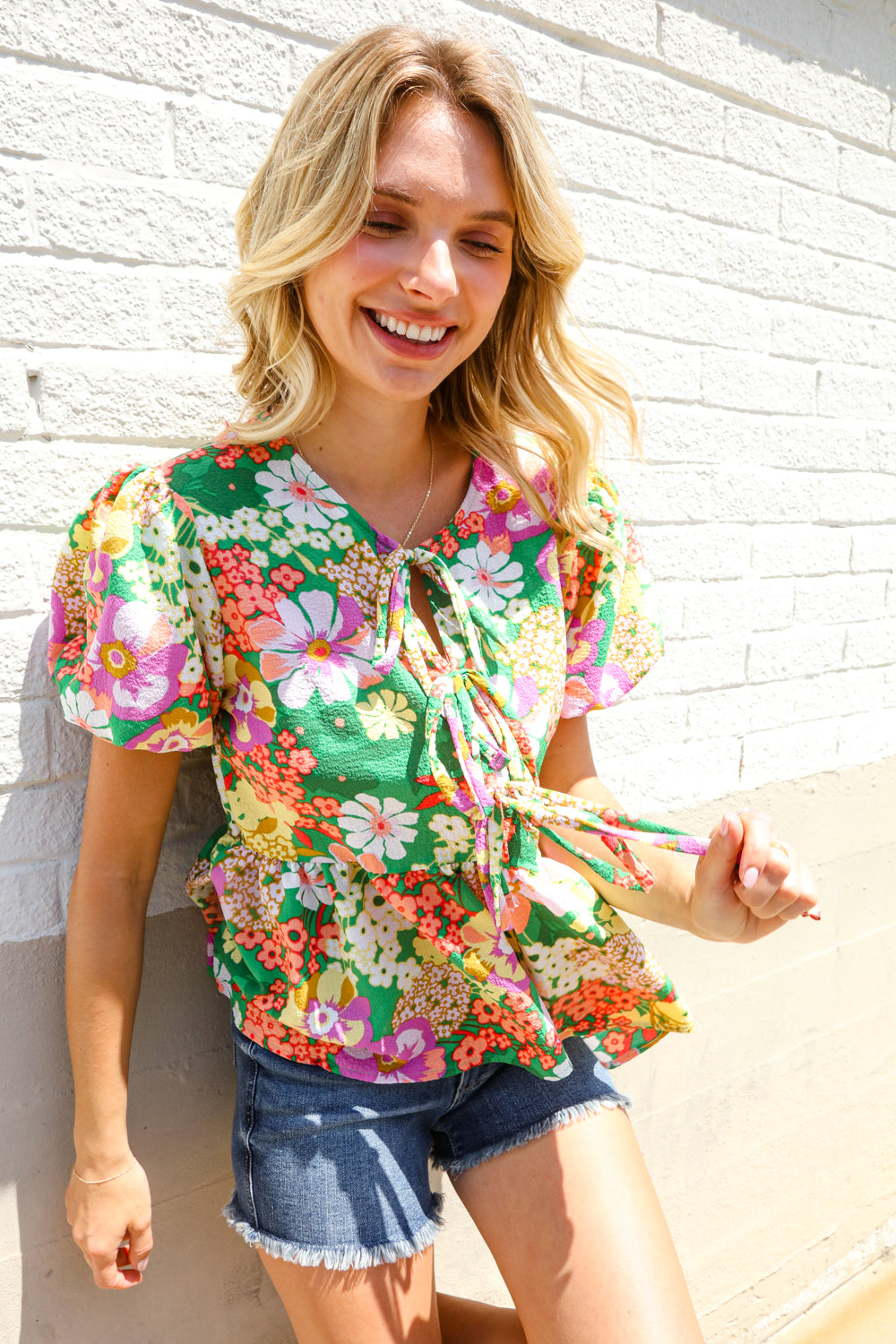 Spring Vibes Green Floral Ribbon Tie Babydoll Top