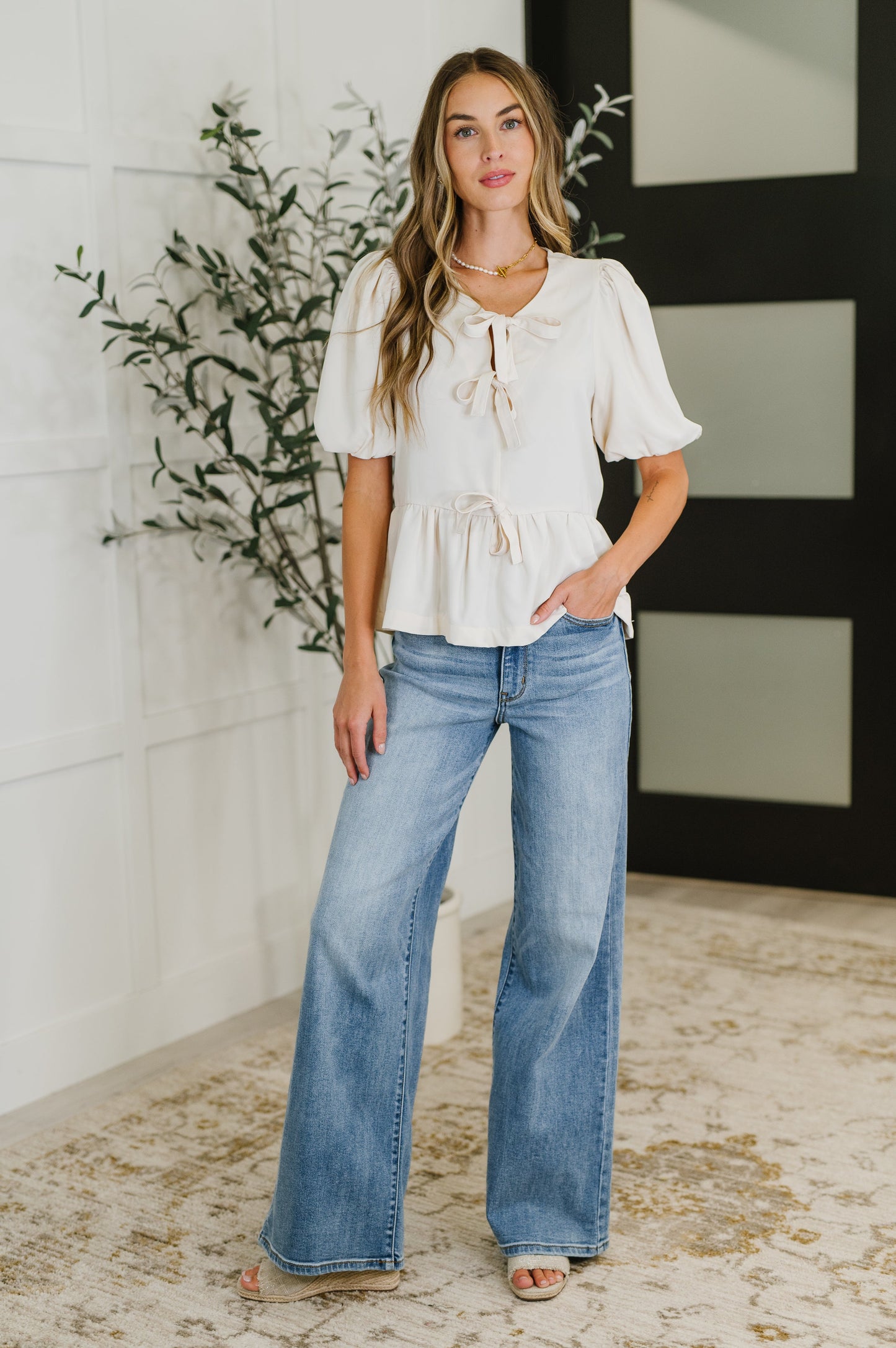 PREORDER: Balloon Sleeve Bow Blouse in Ivory