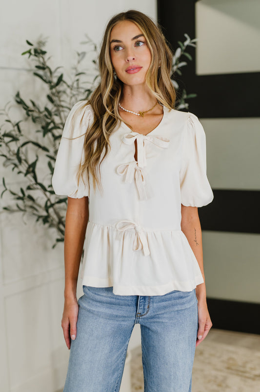 PREORDER: Balloon Sleeve Bow Blouse in Ivory