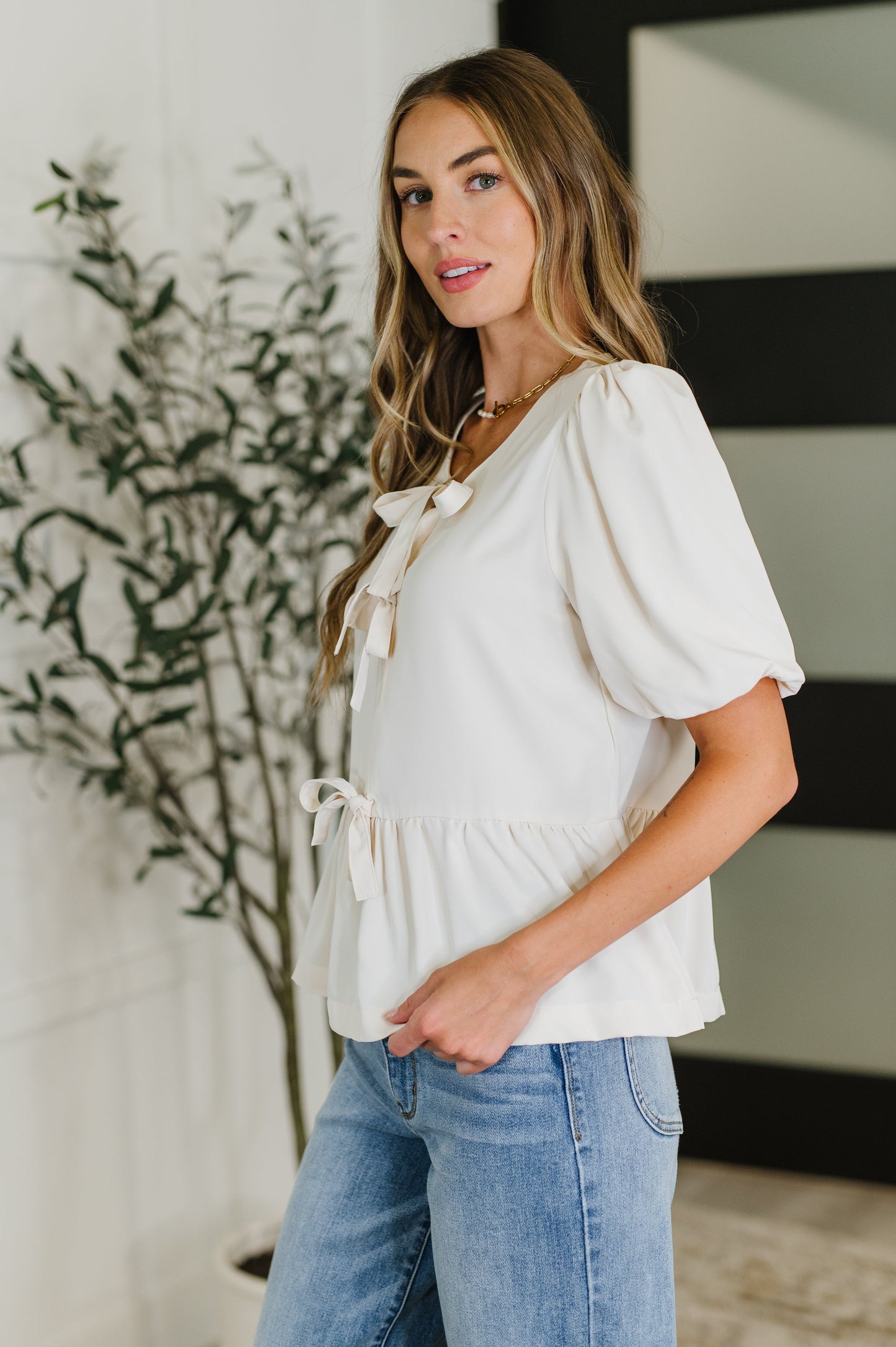 PREORDER: Balloon Sleeve Bow Blouse in Ivory