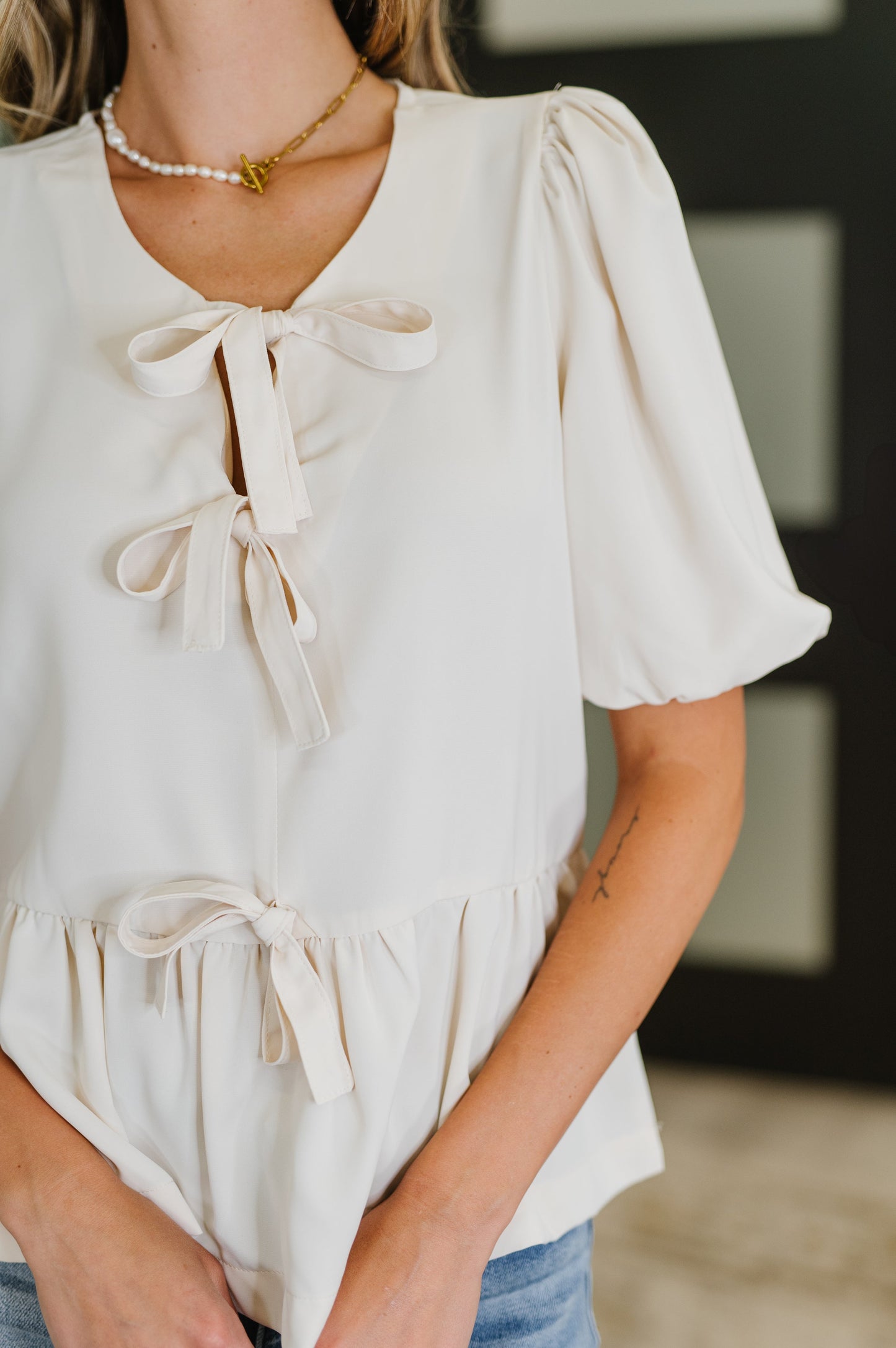 PREORDER: Balloon Sleeve Bow Blouse in Ivory