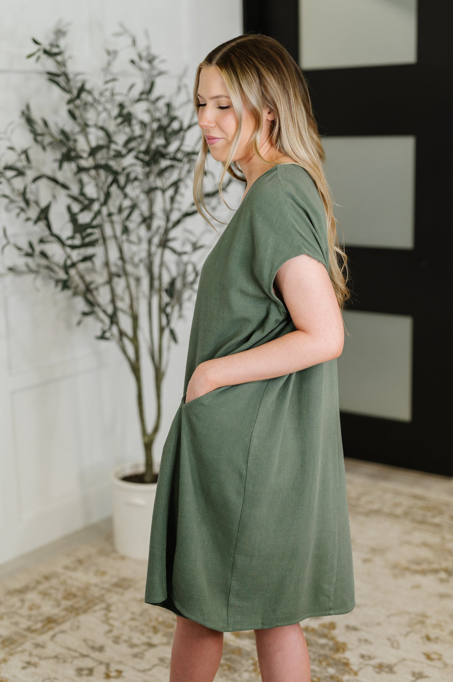 Barely Trying V-Neck Relaxed Dress in Gray Green