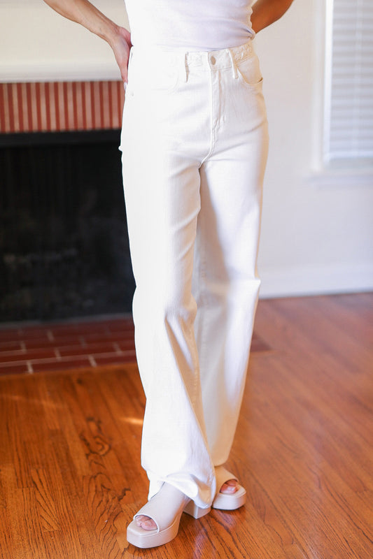 Judy Blue Above & Beyond White Braided Waist Wide Leg Jeans