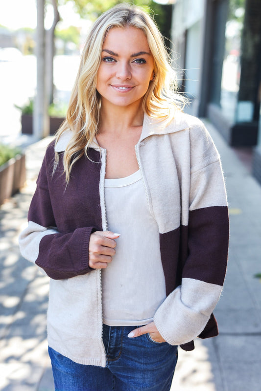 Cozy Up Brown Color Block Collared Zip Up Sweater