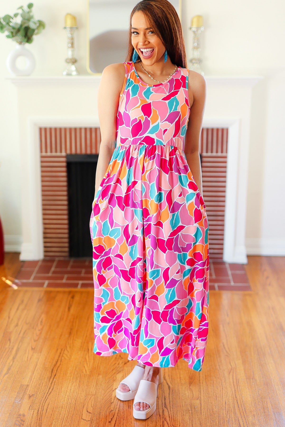 Hello Beautiful Fuchsia Abstract Floral Fit & Flare Maxi Dress