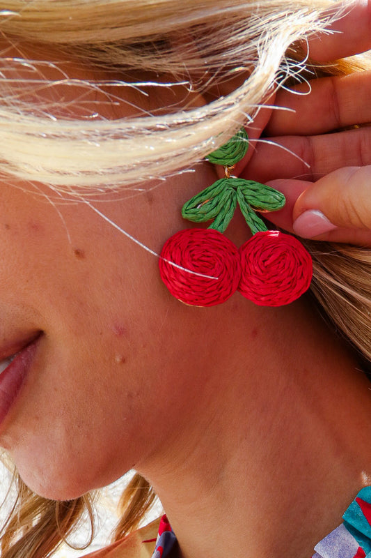 Red Cherry Woven Rattan Dangle Earrings