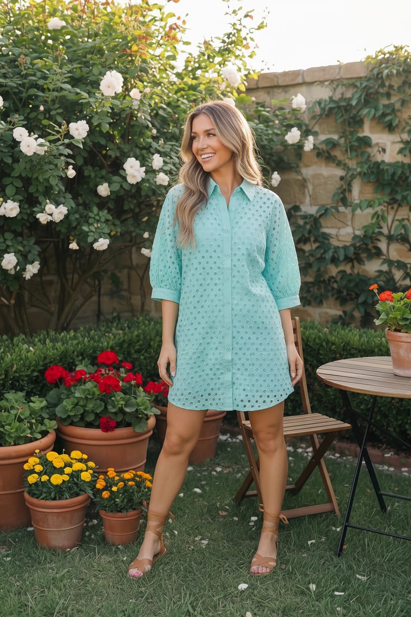Mint Eyelet Button Front Shirt Dress