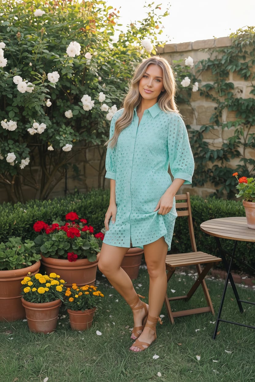 Mint Eyelet Button Front Shirt Dress
