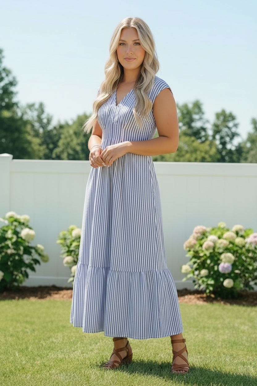 Sunny Days Striped Midi Dress in Blue
