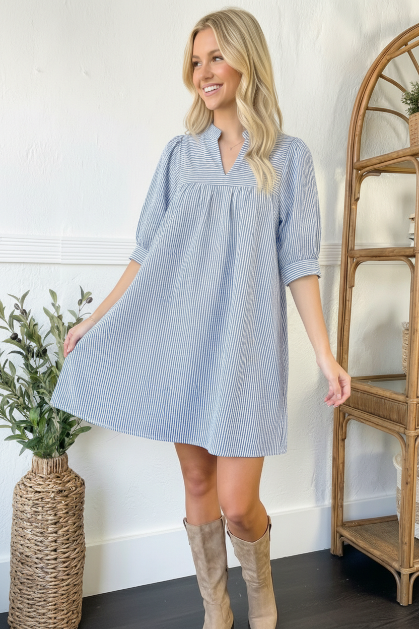 Sunday Stroll Blue Pin Stripe Dress