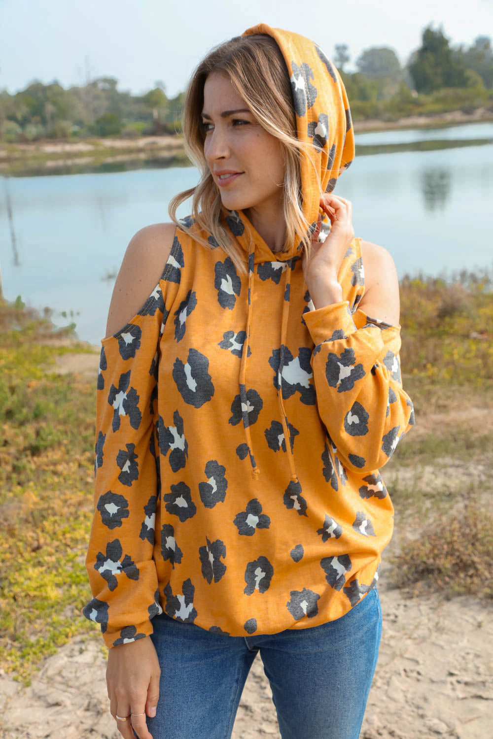 Leopard Print Cold Shoulder Hoodie Top