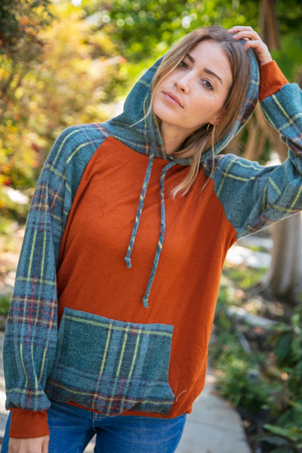 Rust Cashmere Feel Plaid Raglan Hoodie