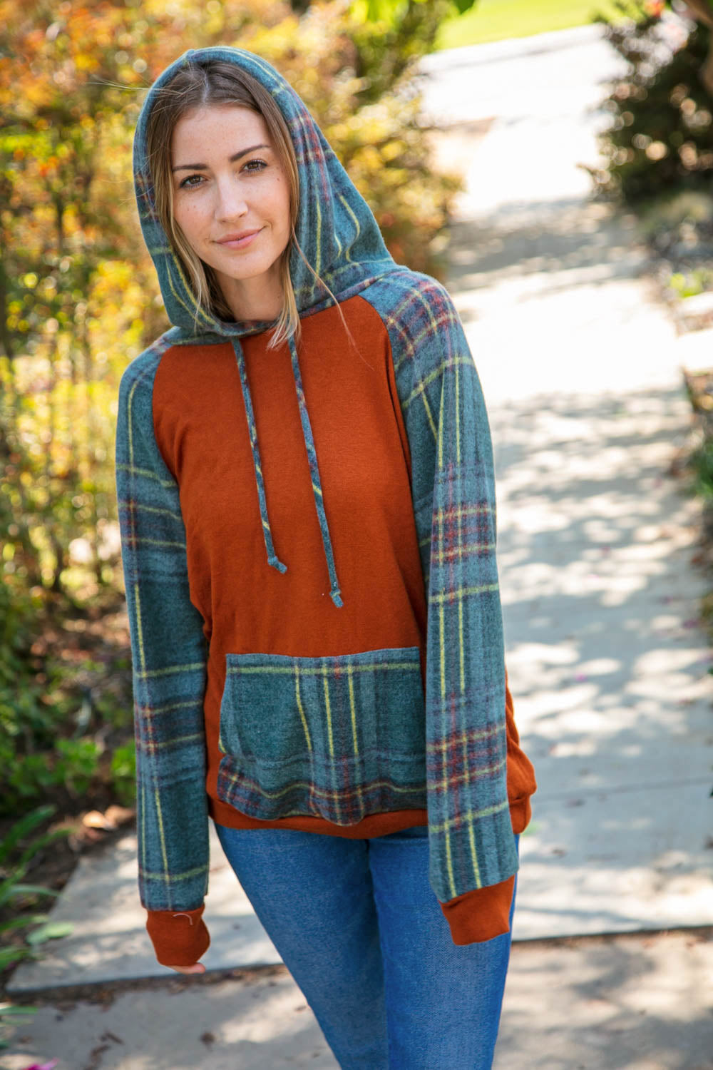 Rust Cashmere Feel Plaid Raglan Hoodie