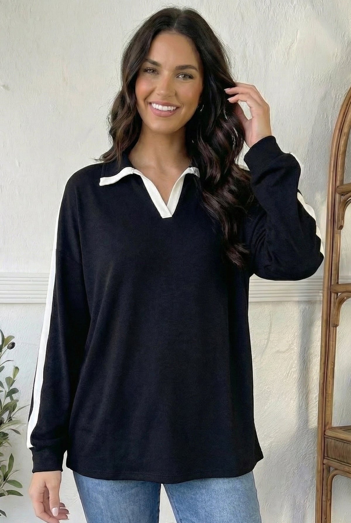 Varsity Vibes Notched Collar Black Top