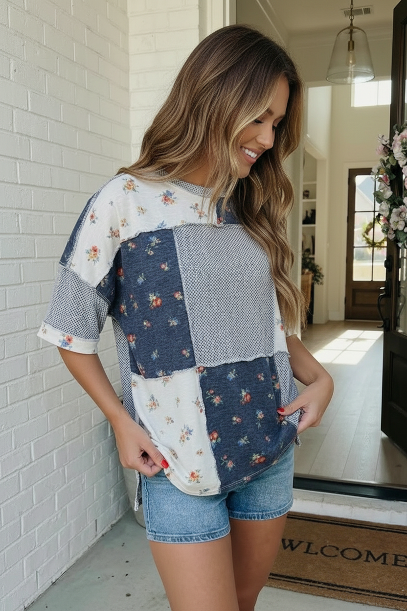Patchwork Floral Mixed Print Oversized Top