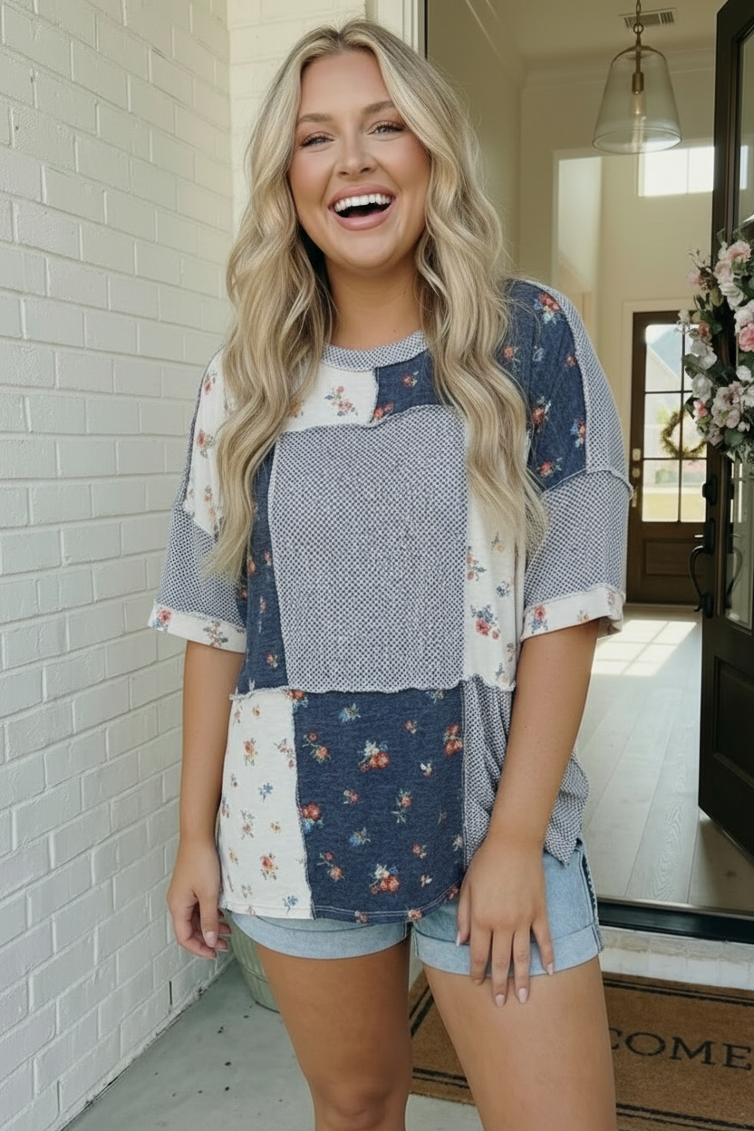Patchwork Floral Mixed Print Oversized Top