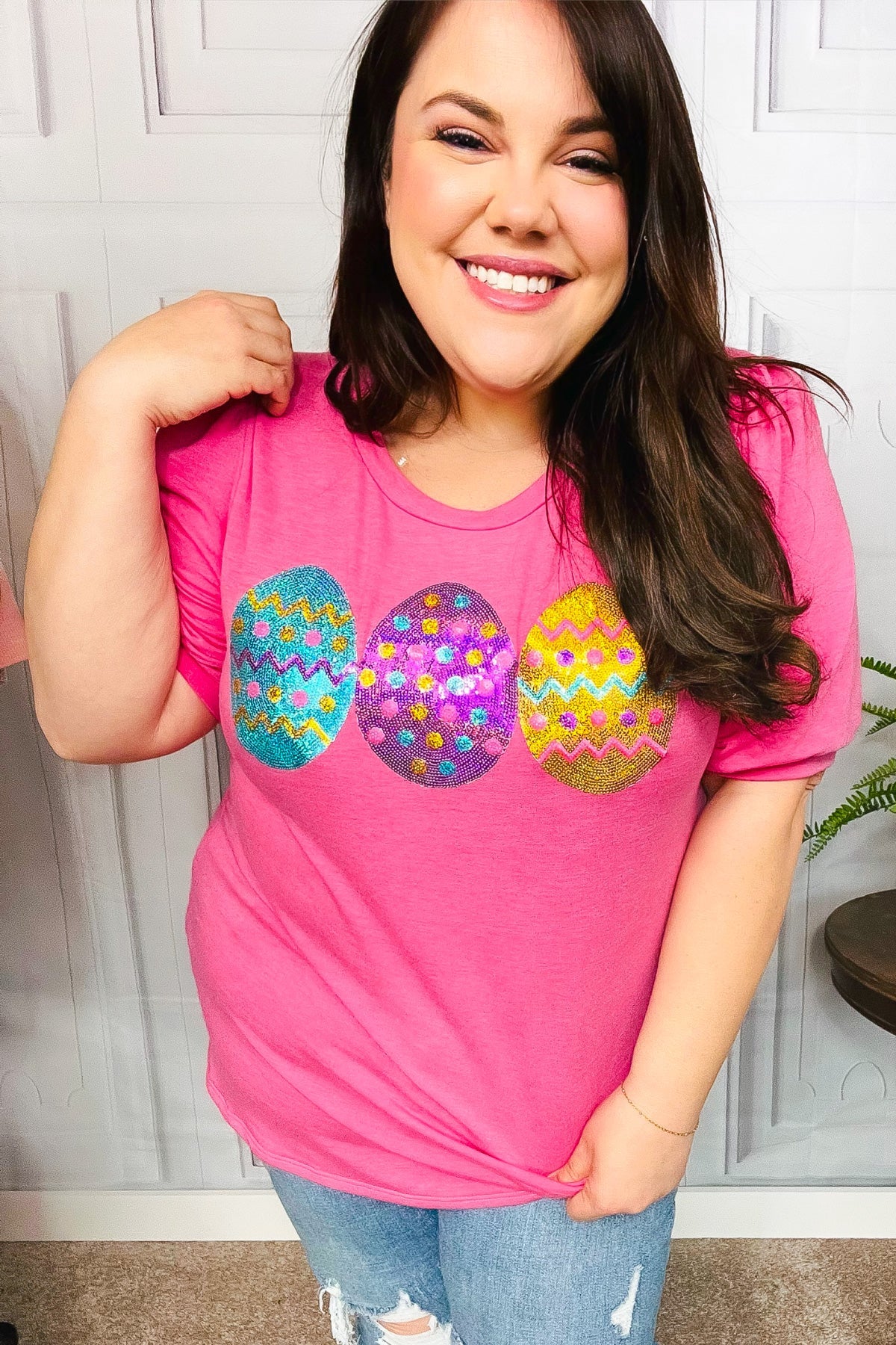 Turn Heads Hot Pink Sequin Easter Egg Terry Top