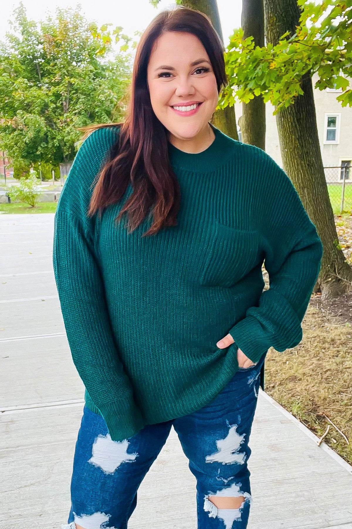 Classy Chic Hunter Green Mock Neck Chest Pocket Knit Sweater