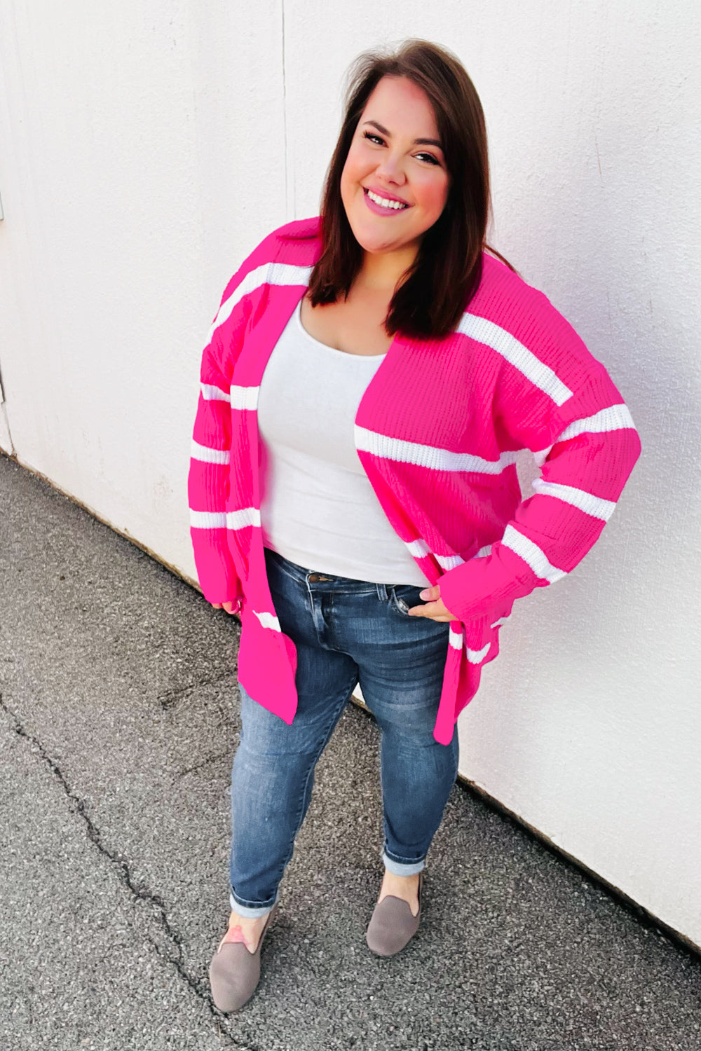 Hot Pink Stripe Open Sweater Cardigan