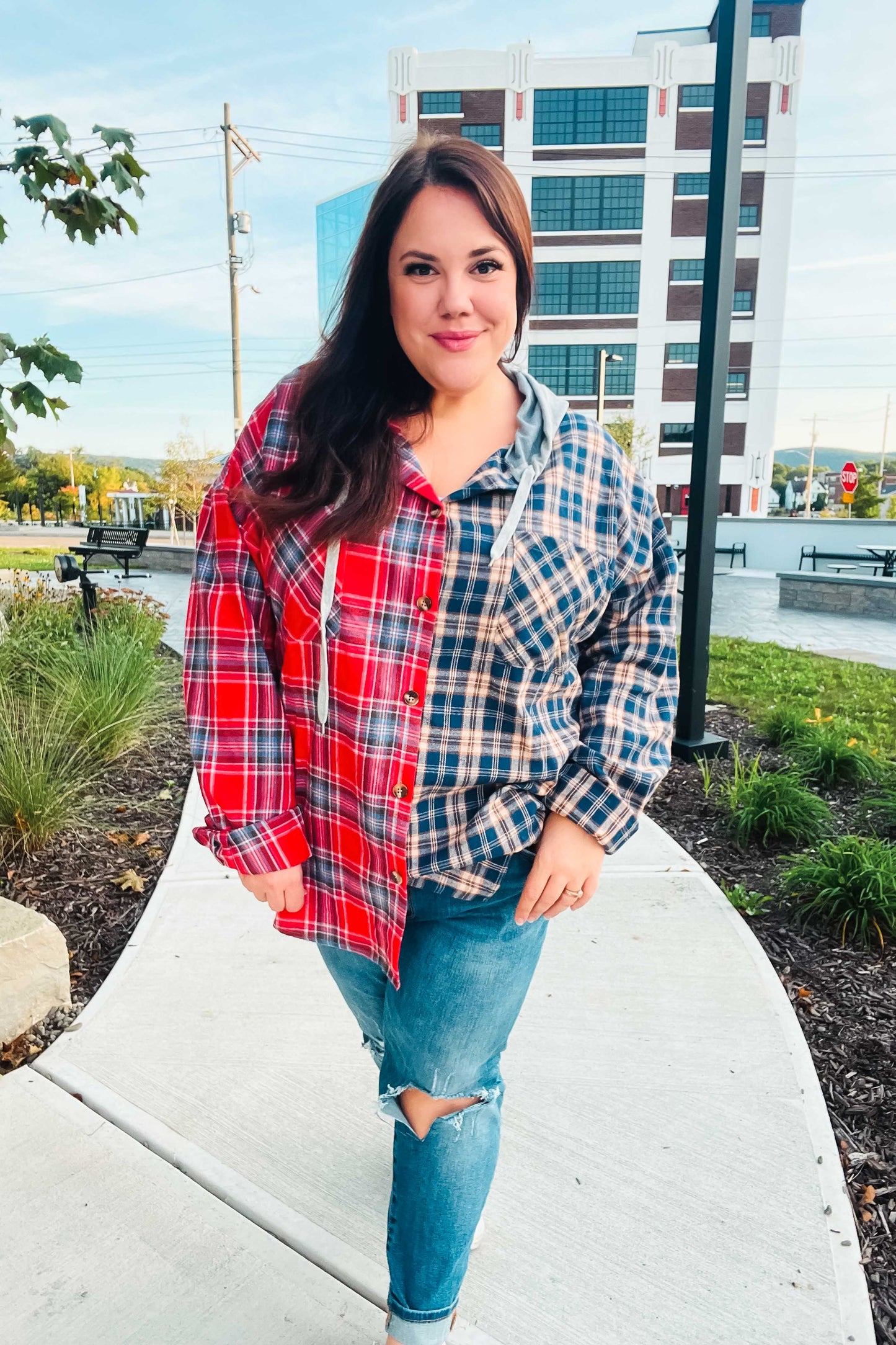 Main Attraction Red & Navy Plaid Color Block Button Down Hoodie